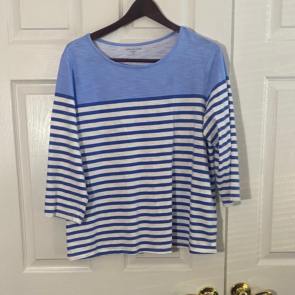 Coldwater Creek  XL cotton 3/4 Sleeve Blue and White Striped Top